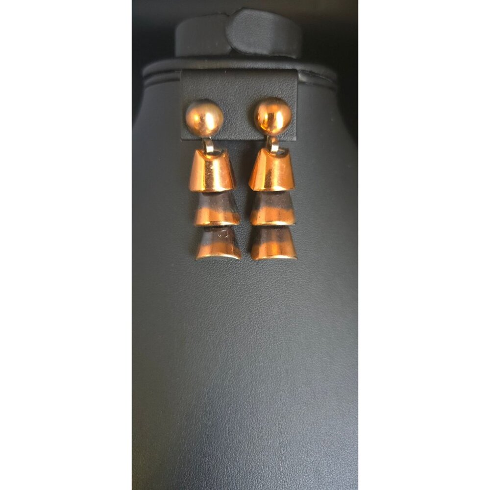 Vintage Copper Dangle Earrings Modernist Geometric Tiered Statement Screw-Back - Picture 10 of 11